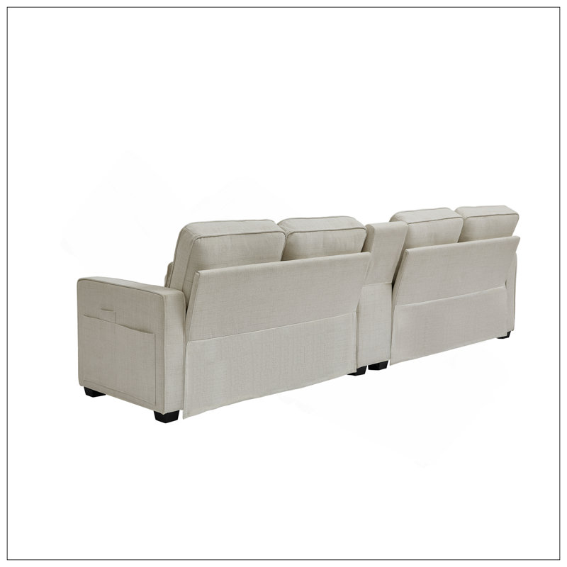 Canapé de 114 po avec console, 2 porte-gobelets et 3 ports USB câblés, canapé en tissu de lin moderne avec 4 coussins pour le salon, un appartement (4 places)