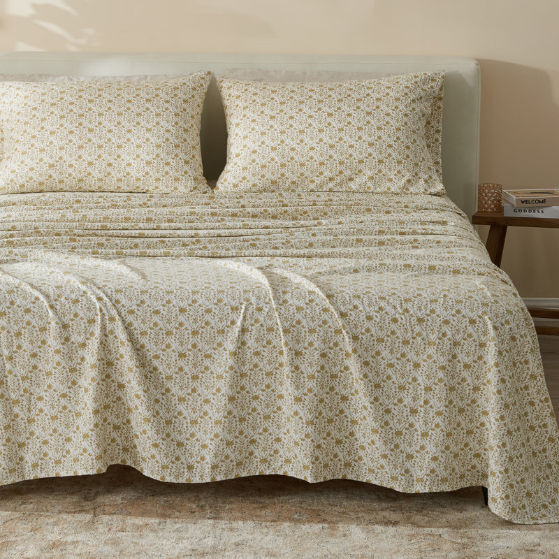 Ensemble de draps 100% coton, Ensemble de draps pour grand lit + un drap-housse , Motif floral géométrique, moutarde