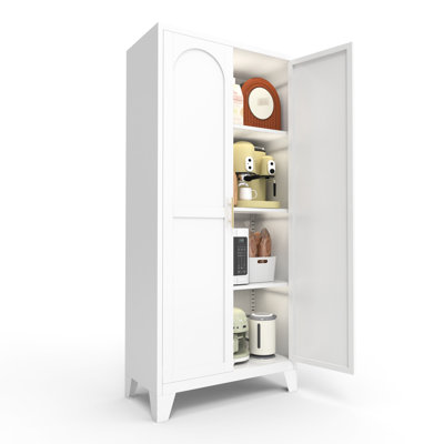 61'' Metal Storage Cabinet With 2 Shapely Doors And Adjustable Shelves In White For Hallway, Bedroom Kitchen - High Strength Steel Usage, Space Saving Design Grade Steel, Ample Organizing