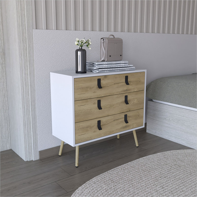 Commode 3 tiroirs avec poignées en métal, bois d'ingénierie, finition multicolore, grand espace de rangement pour la chambre à coucher ou le salon, largeur 31,5