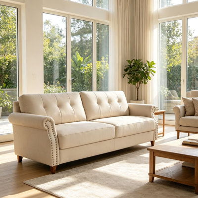 79" button tufted transitional loveseat with rolled arms and nailhead trim, solid pine frame 2-seater couch for living room