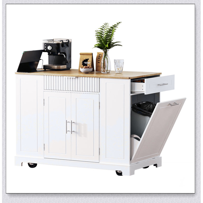 Fluted Kitchen Island with Trash Can Storage, Power Outlets, and Rolling Wheels for Enhanced Mobility and Organization, White