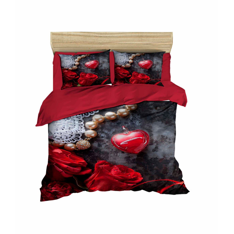Ensemble de housse de couette double Luxury, rouge et noir, housse de couette 79 x 87 po, drap plat 87 x 94 po, taies d'oreiller 20 x 27 po (2) | 100% mélange de microsatine de polyester et de coton, impression 3D de haute qualité, fermeture à glissière, lavable à la machine