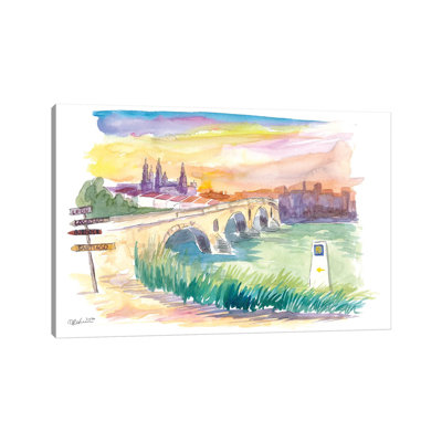 Camino To Santiago Puente De La Reina With Signpost by Markus & Martina Bleichner - Wrapped Canvas Painting