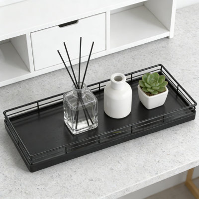 Wood Vanity Tray With Iron Mesh Edges, Bathroom Countertop Organizer For Dresser, Kitchen, Coffee Bar, And Home Decor
