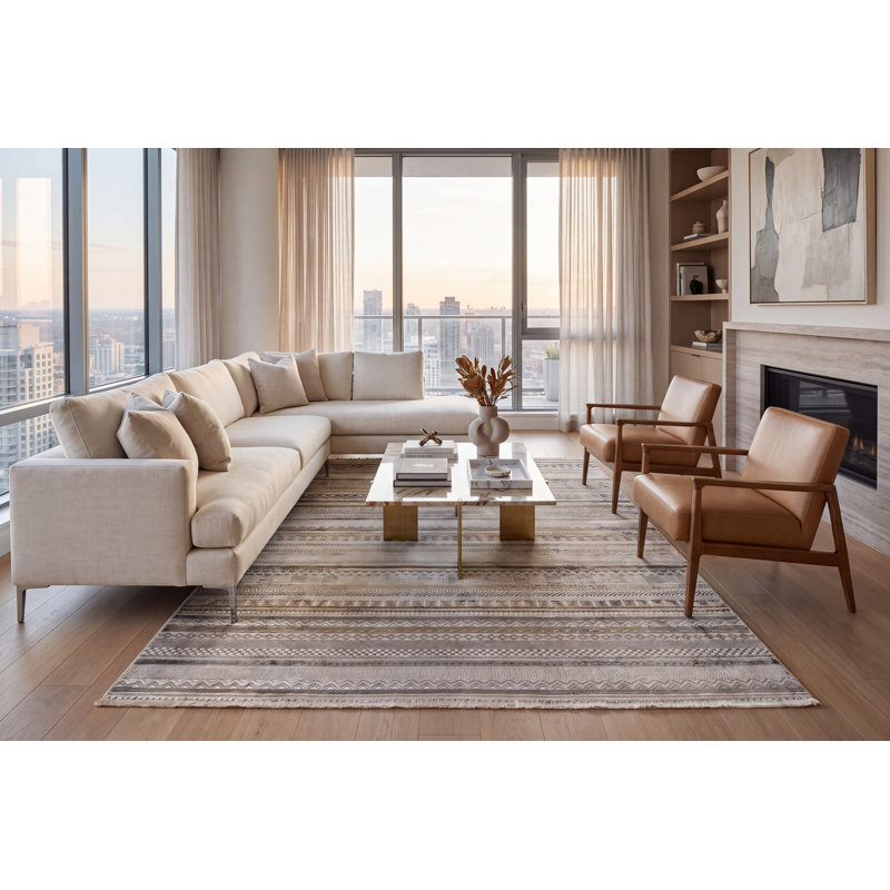 Tapis de style sud-ouest fabriqué à la machine en ivoire / taupe / gris, Rectangle 7 pi 10 po x 10 pi 10 po