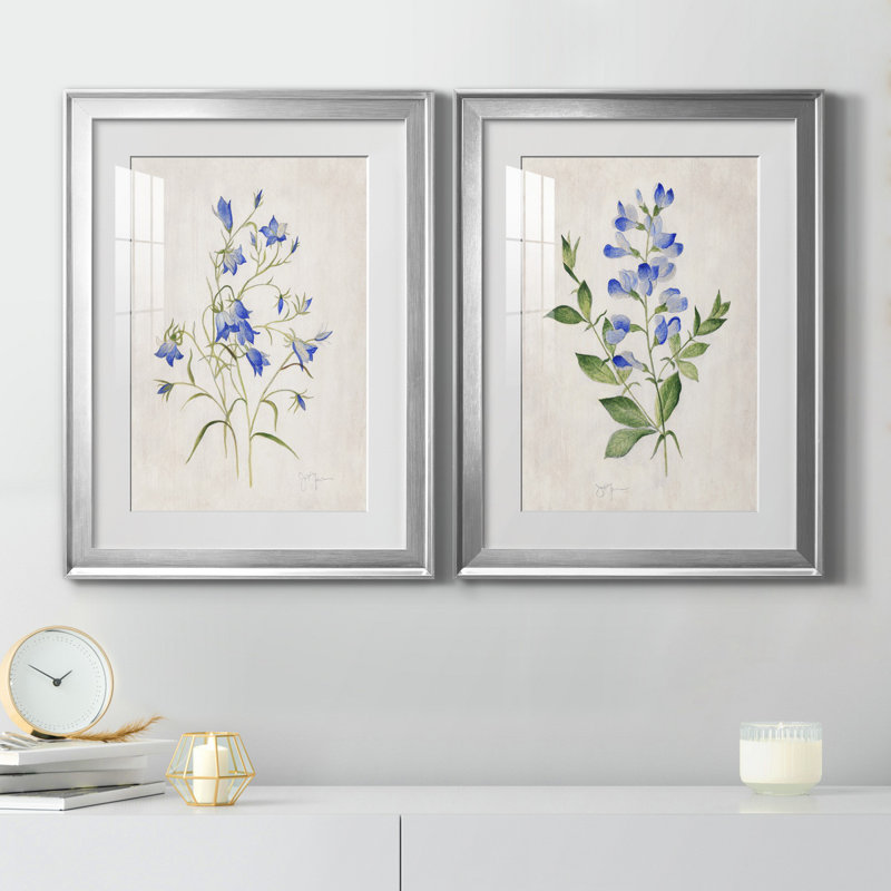 «Blue Botanical I», ensemble de 2 reproductions d'art, Blanc, H 18,5 po x l 49 po x P 1,5 po, Papier avec cadre argenté