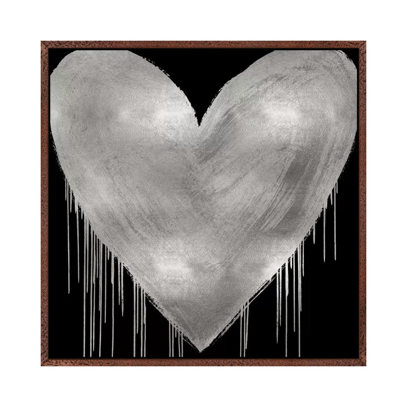 Big Hearted Silver On Black by Lindsay Rodgers - Print on Canvas, 66.04cm H x 66.04cm W x 3.81cm D, Classic Brown Wood Framed
