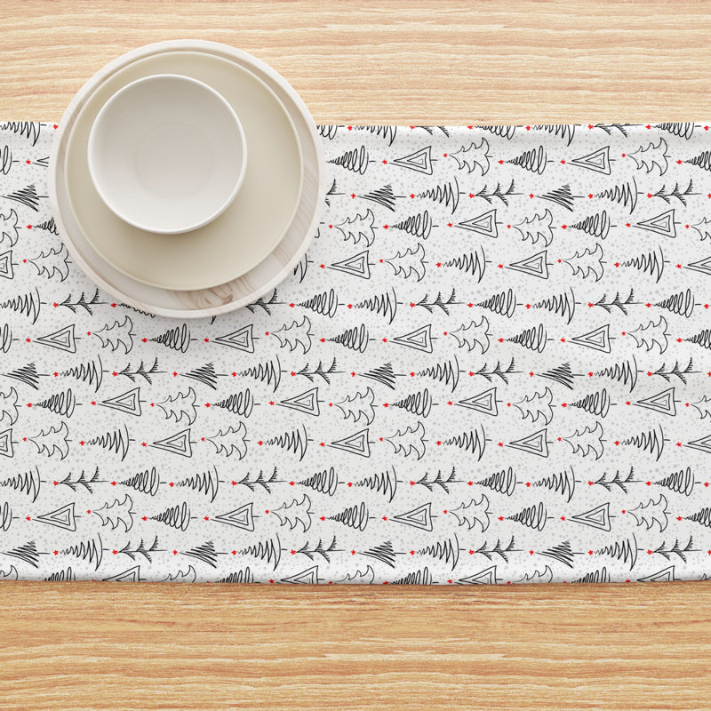 Elvo  Table Runner, 100% Cotton, Christmas Tree Doodles, 90" x 16"