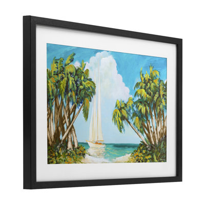 Sailboat Among Palms Framed Print Under Glass, design by Dan Meneely