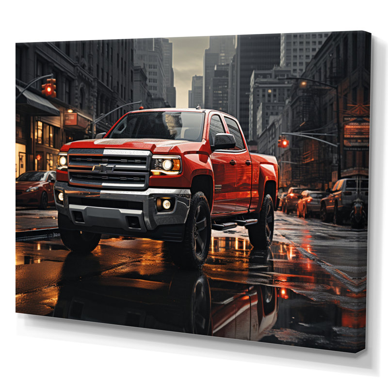 Red Pickup Truck Cityscape Hauler II - Transportation Canvas Art Print, H 16 po x l 32 po x P 1 po, Toile tendue