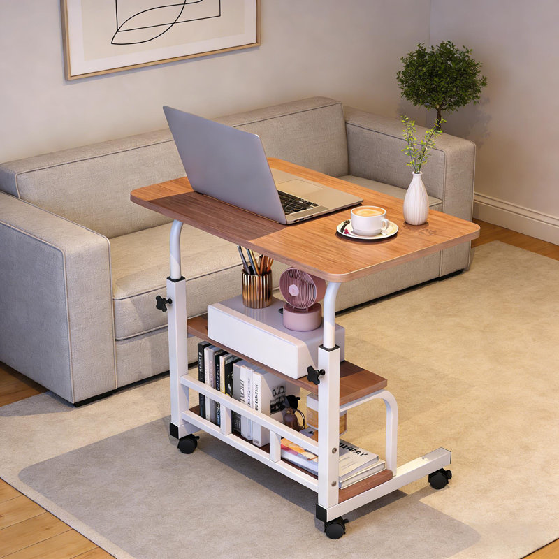 Portable Rolling Computer Table with Wheels and Storage Shelves for School & Home Office, Brown/White