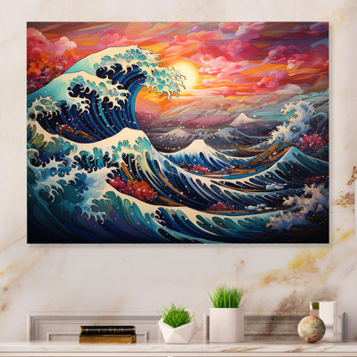 Coucher de soleil japonais sur les vagues de Kanagawa 5 - Art mural japonais en métal MT136270