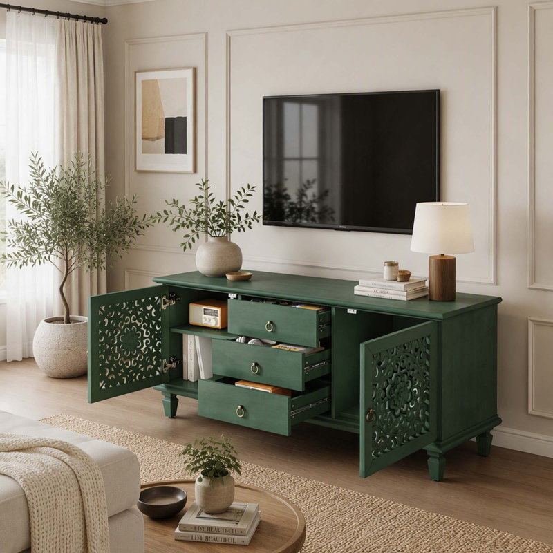 Meuble télé de style campagnard vintage avec portes sculptées, tiroirs et étagères réglables, Vert antique