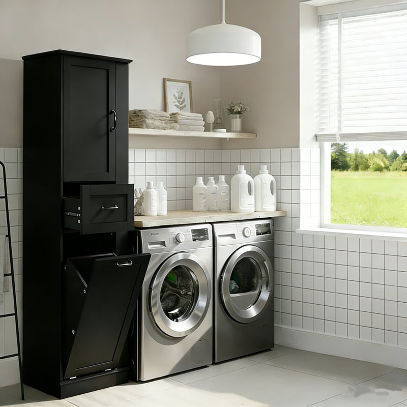67.8" Tall Tilt-out  Laundry Storage Cabinet  With Drawer And Shelf, Black
