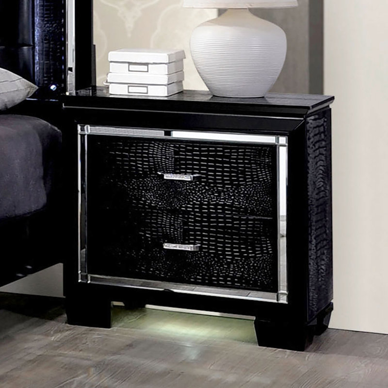 Table de chevet noire avec poignées en croûte de diamant et tiroirs de rangement de chambre à coucher de style contemporain à DEL