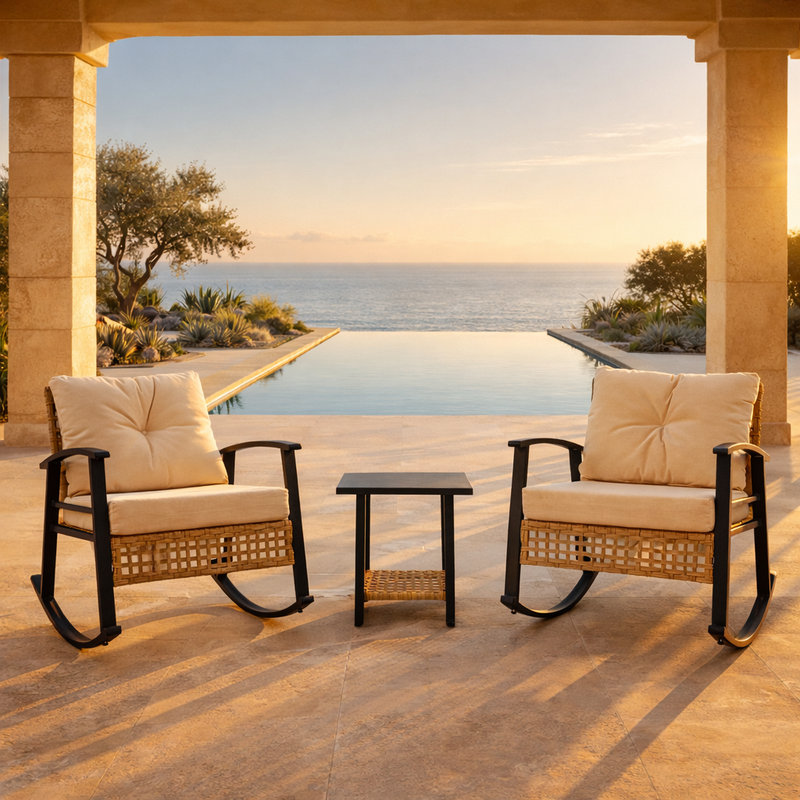 Outdoor Rocking Chair Set, 3-Piece Rocking Bistro Set with 2 Rocking Chairs and 2-Tier Side Table, Metal Top PE Rattan Patio Seating for 2