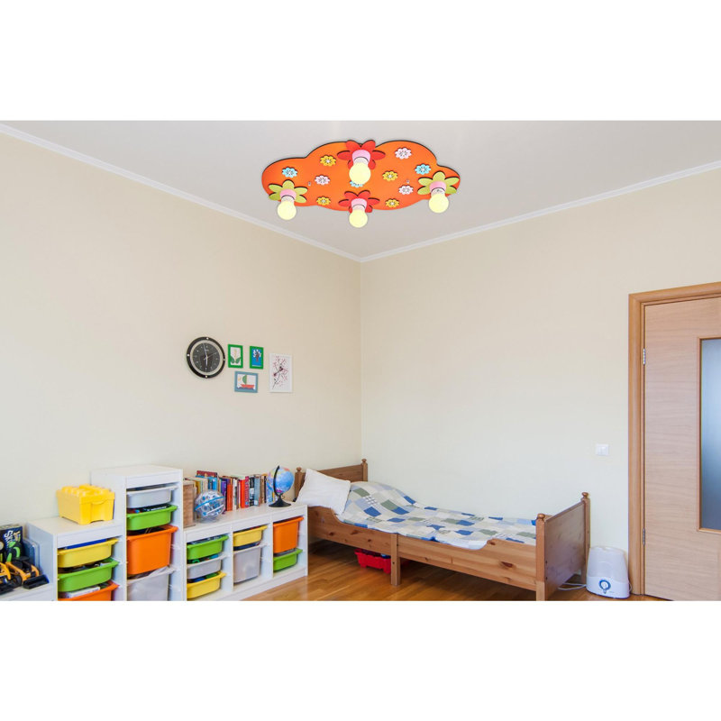 Modern Chandelier with Wooden Body, 25.6 x 24.4 x 2.4 Inches | 4 x E27 Socket (Bulb Not Included) | Energy Saving, Vibrant Orange Color | Perfect for Baby & Kids' Rooms, Seasonal Decor, and Young Spaces