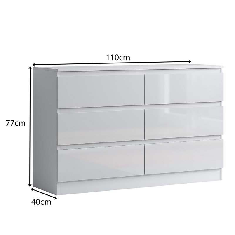 Carlton 6 Drawer Chest Of Drawers. 110cm Wide. 3+3 Configuration. High Gloss Front. Scratch Resistant. Modern No Handle Design.