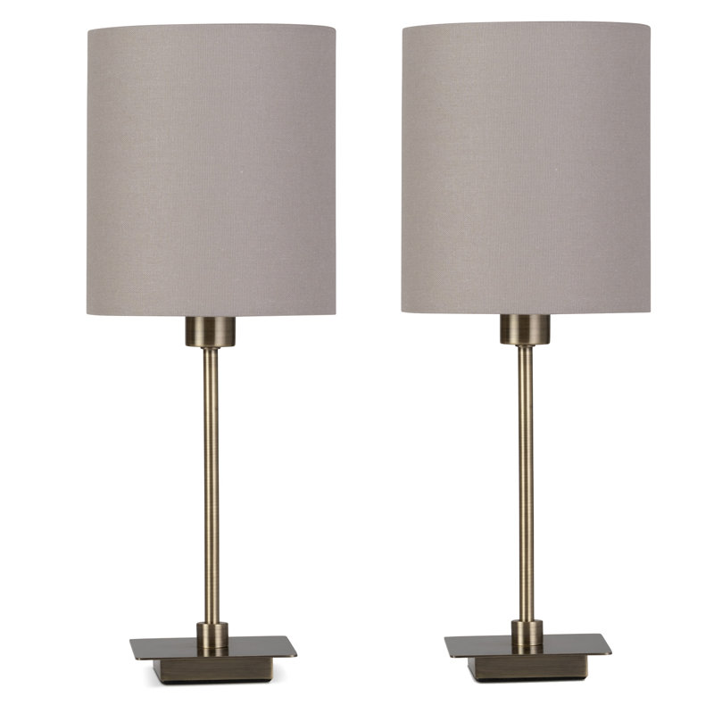 Pair (2x) Square Stick Antique Brass Metal Bedside Table Lamp , Grey