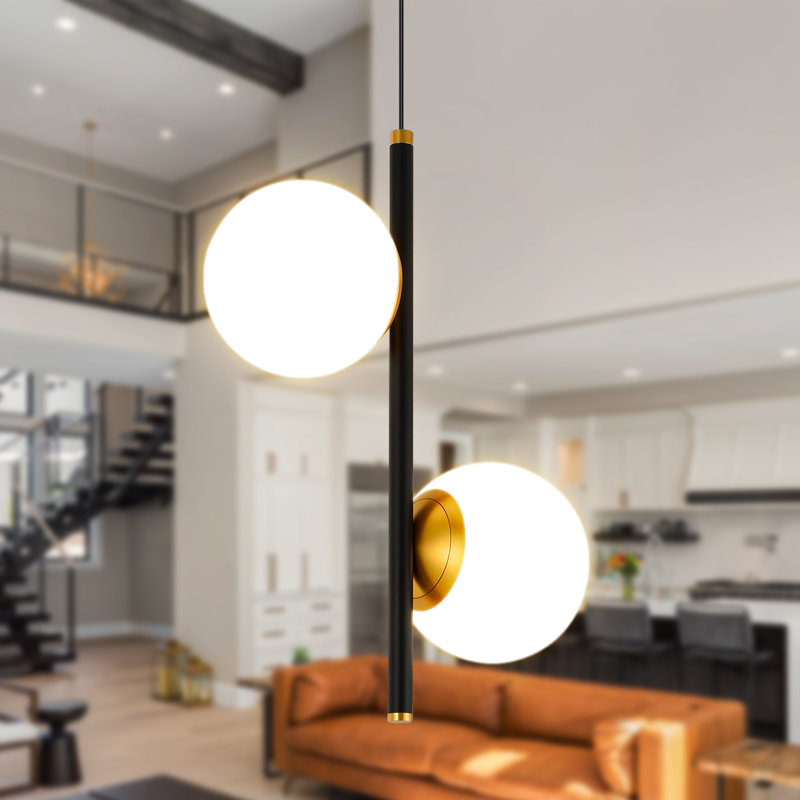 Capri Adjustable Height 11" Black and Gold LED Pendant with Glass Globes