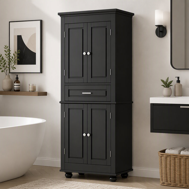 Armoire de rangement haute pour salle de bain avec étagères réglables, tiroirs, 4 portes et poignée en métal, Noir