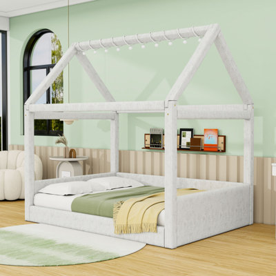 Full-Size Corduroy Upholstered House-Shaped Daybed with LED Light