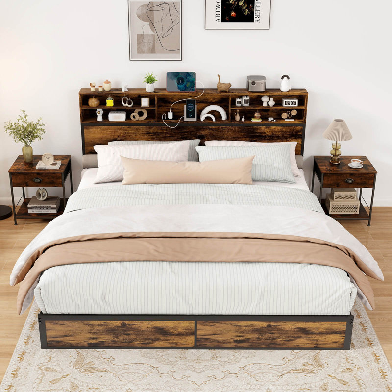 Bed Frame With Charging Station Storage Headboard Under-bed Storage Space, King