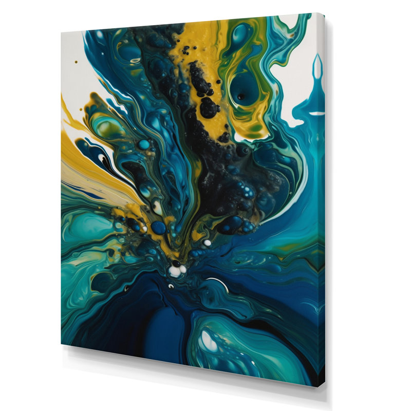 Sarcelle et jaune liquide Dreams II - impressions sur toile abstraites, Toile tendue, H 44 po x l 34 po x P 1,5 po