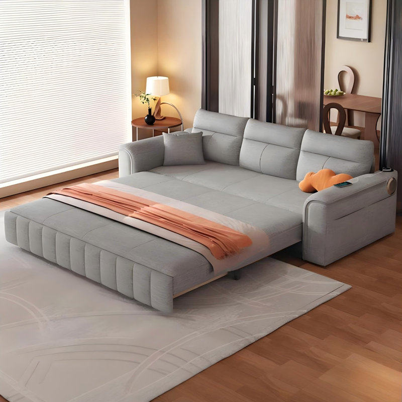 Canapé-lit extensible 97,64 po moderne en tissu de lin gris minimaliste pour petits espaces avec tiroirs de rangement, ports de chargement USB et haut-parleurs Bluetooth