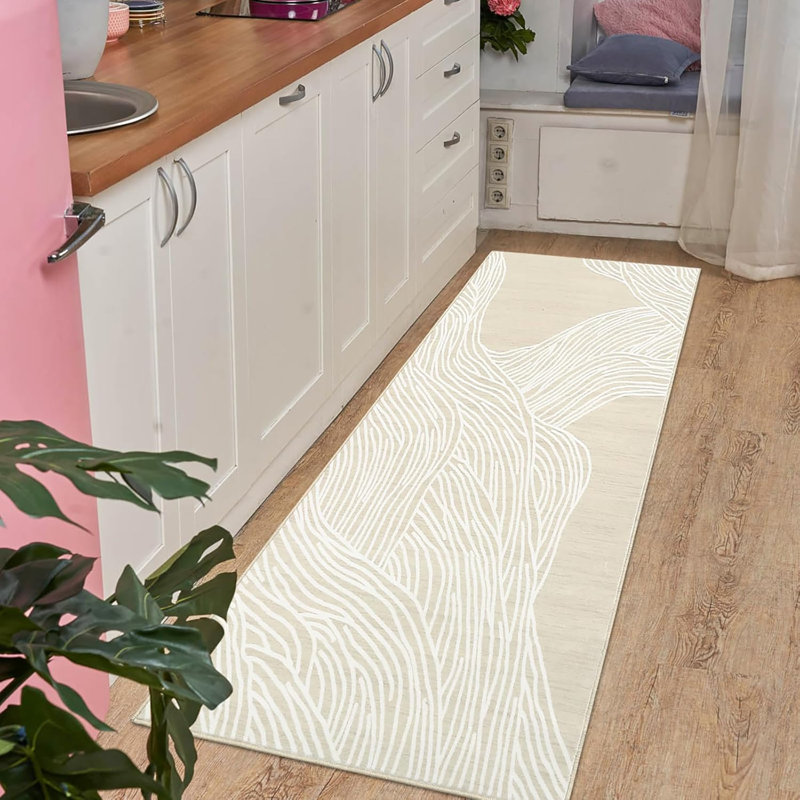 2x6 ft Plush Hallway Runner Rug – 350gsm Faux Lamb Wool, Machine Washable, Non-Slip, Modern Swimming Pattern for Entryway, Kitchen (Black & White)