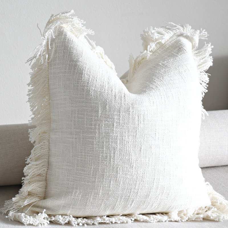 India Chic Fringed Cotton Pillow Cover, 18" x 18", Ivory