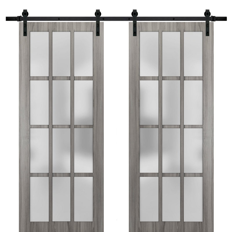 Porte de grange double robuste avec vitrage dépoli 12 carreaux Felicia 3312 Gris cendré gingembre, supports de rail de 4 m (13 pi), portes intérieures à panneaux pleins et robustes - 122 cm x 244 cm (48 po x 96 po) (2 x 61 cm x 264 cm) - Rail noir