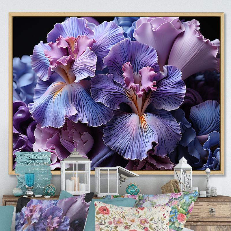 «Midnight Purple Irises Serenity Unveilé I», reproduction sur toile, Cadre naturel flottant, H 24 po x l 32 po x P 1 po
