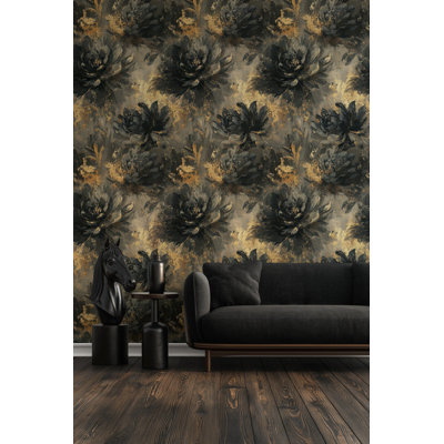 Papier peint floral doré noir