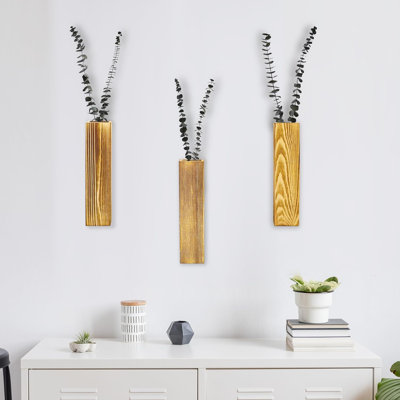 3 Pack Natural Wood Wall Planter Vase, Wall Hanging Flower Pot, Indoor Plants Holder For Dried Flowers And Artificial Greenery, For Livingroom Bedroom Kitchen Entry Home Office Decoration