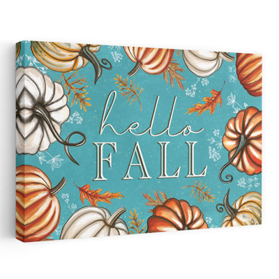 Hello Fall - Contemporary Hello Fall Colourful Pumpkins Teal Background Art