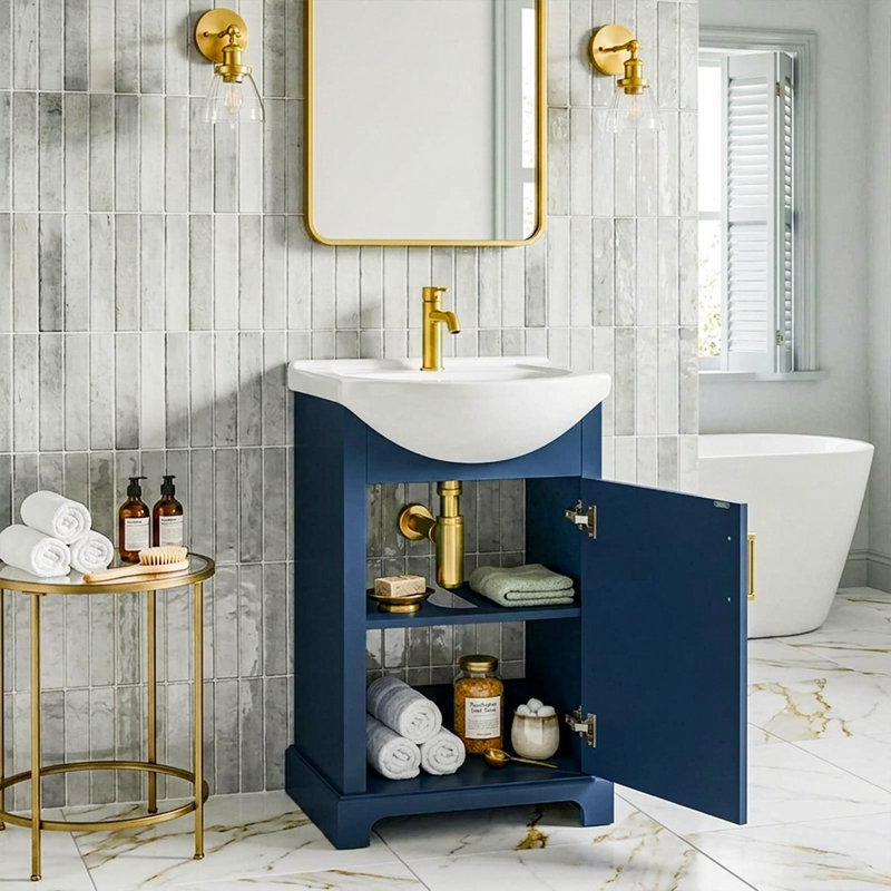 Single Bathroom Vanity with Ceramic Top, Bleu