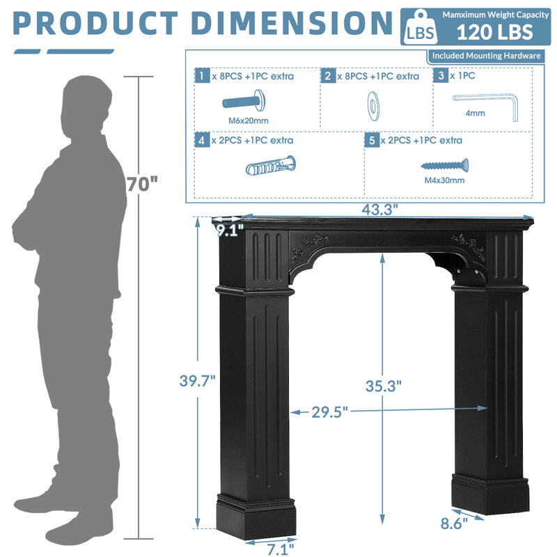 Black Fireplace Mantel, Rustic Freestanding Surround Mantel For Fireplace With Decorative Pattern, Wooden Mantle With Leg For Living Room, Anti-Tipping & Waterproof, 43.27" W X 39.67" H