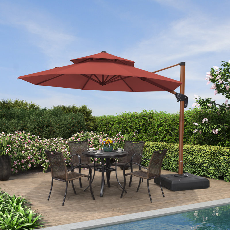 Parasol extérieur en porte-à-faux à double plateau rond en bois avec base 10 pi, rouge brique, Rouge brique