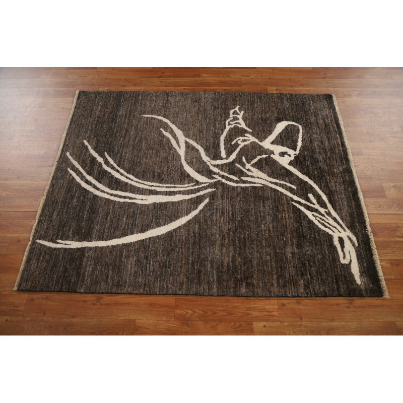 Tapis oriental brun en laine à motif abstrait noué à la main 4 x 5