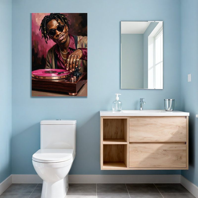 Art de mode jouant un disque vinyle rose, H 30 po x l 20 po