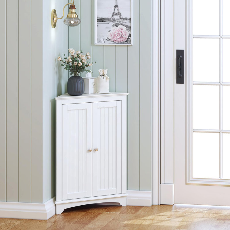 Home Floor Corner Cabinet with Two Doors and Shelves, White