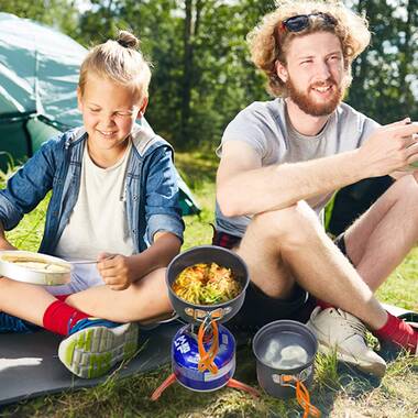 c&g outdoors Ensemble de batterie de cuisine de camping 16 pièces avec  réchaud de camping pliant, casserole légère antiadhésive avec tasses en  acier inoxydable, assiettes, fourchettes, couteaux, cuillères pour le  camping, pique-nique