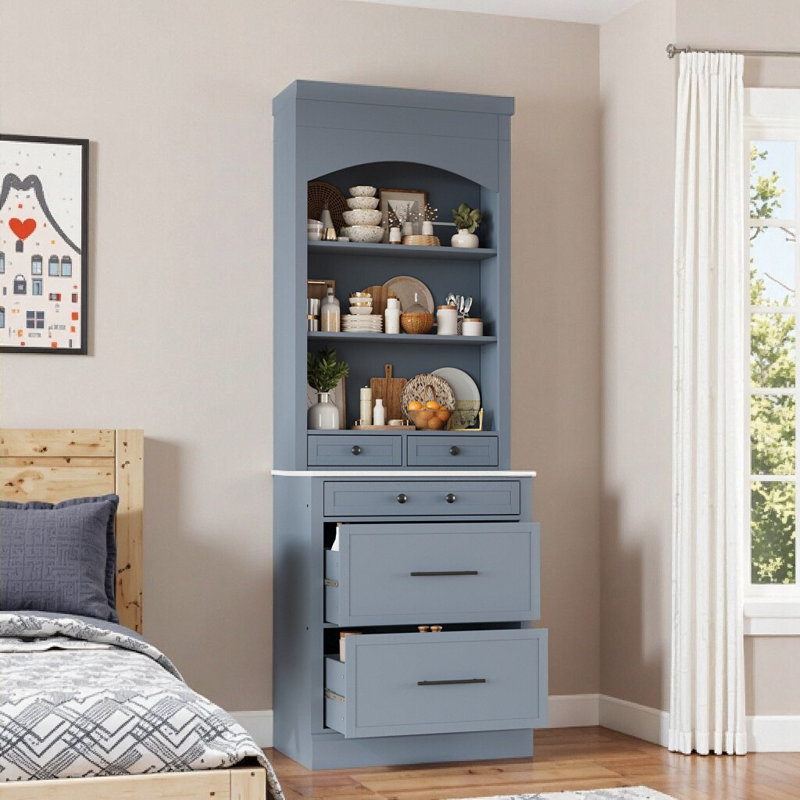 83.7" Freestanding Tall Kitchen Pantry Cabinet with Faux Marble Top, 5 Storage Drawers, Adjustable Shelves - Farmhouse Gray Storage Hutch