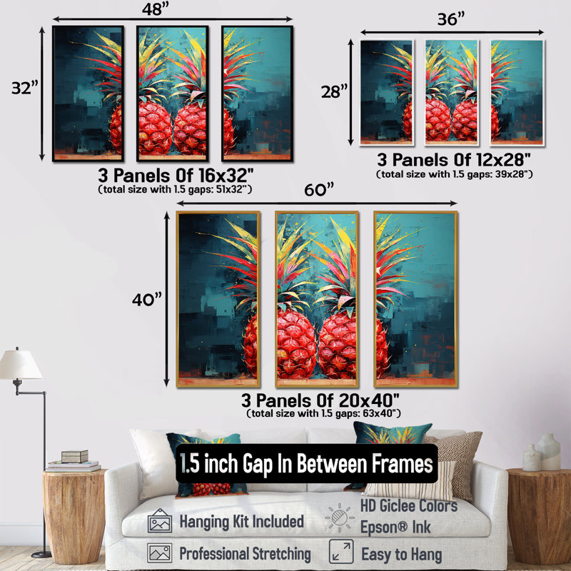 Ensemble de salon art ensoleillé ananas ensoleillé - ananas, Cadre naturel flottant, H 28 po x l 36 po x P 1 po