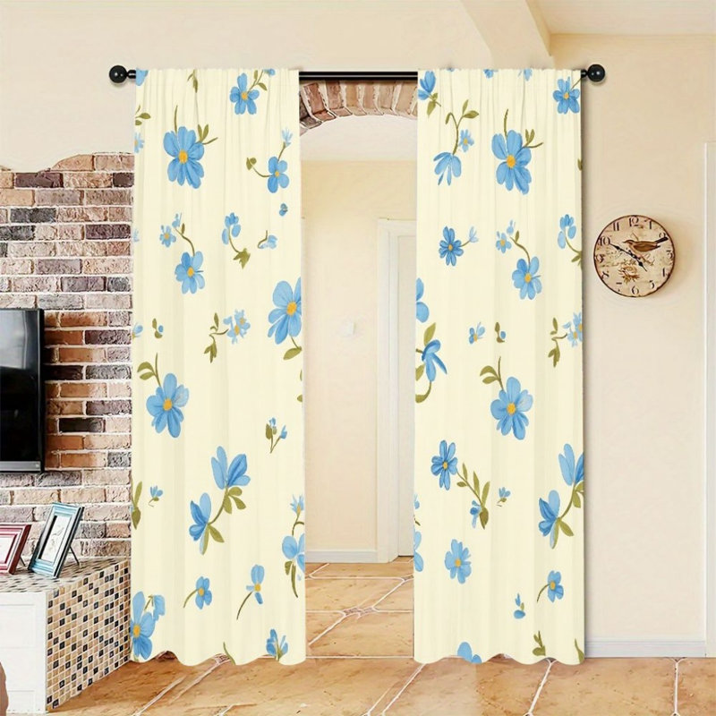 2 pièces de rideaux floraux bleus, fond jaune, rideaux de fenêtre avec passe-tringle, décoration de fenêtre de style romantique