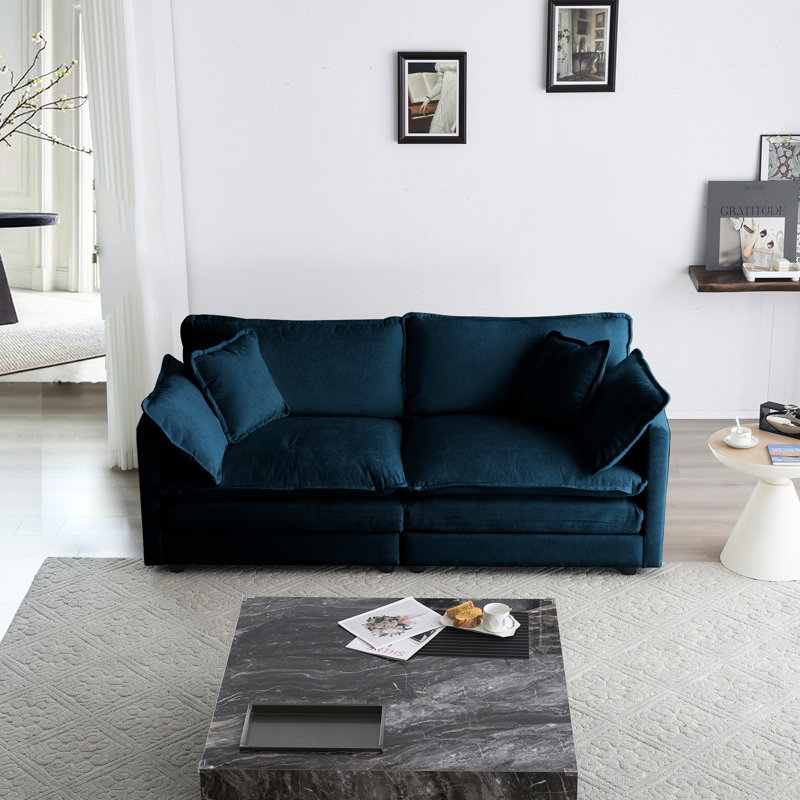 Canapé en chenille bleue pour le salon, 2 avec 4 coussins, structure en bois massif, rembourrage en éponge confortable, base, revêtement