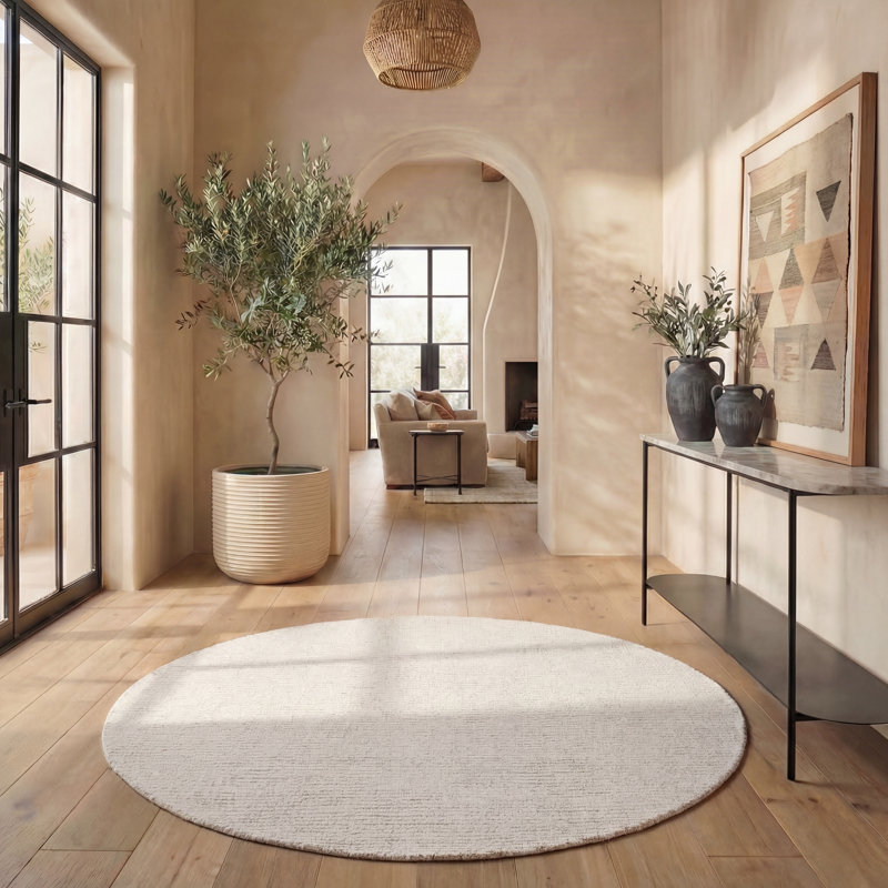 Tapis ivoire / beige en laine touffeté à la main Armina, Rond 6 pi
