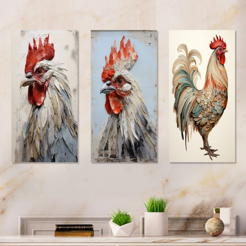 Loyal Rooster Portrait - Ensemble de salon coq en métal 3 pièces, H 28 po x l 36 po